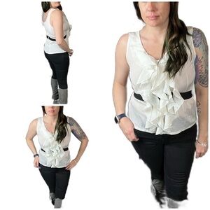 Love Tree white ruffle front black belt blouse. Sleeveless v-neck. Career work
